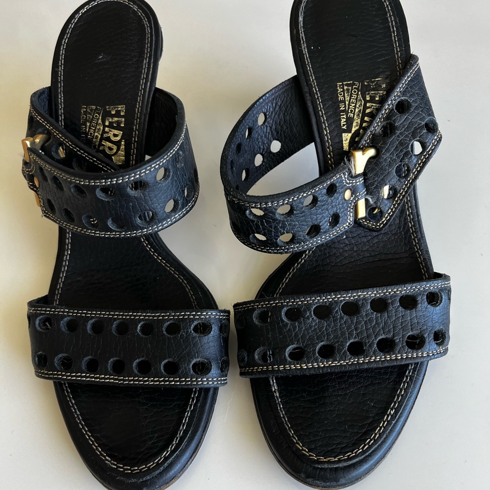 Salvatore Ferragamo Black Perforated Leather Ankle Wrap Sandals 🌸🌷🌸🌷🌷